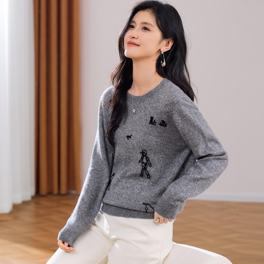 Winter New Round Neck Fun Embroidered Pattern Artistic Style Loose Women's Wool Sweater with Cashmere Included