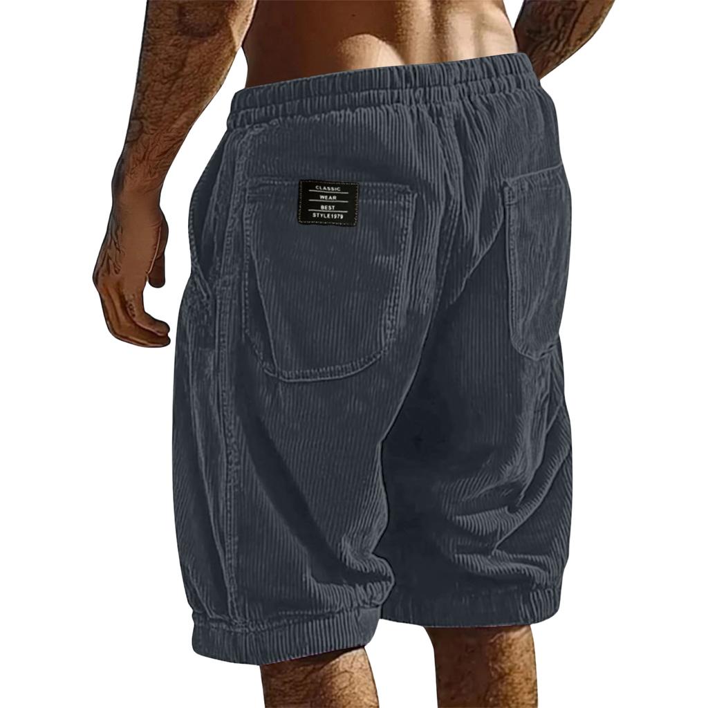 Mens Corduroy Shorts Relaxed Fit Elastic Waistband Patch Pocket Design Casual Knee Length Trousers for Everyday Wear