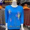 Spring Summer Women's Ice Silk Plus-Size Sweater Thin Round Neck Loose-Fit Printed Pullover Sweater 3/4sleeve Knitwear