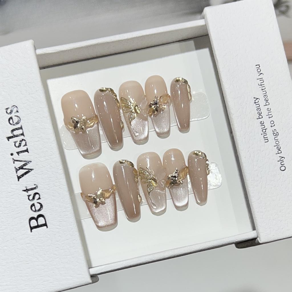 Selected New Styles of Wearing Armor Handmade Autumn and Winter Nail Art Temperament Nude Color Cat Eye French Golden Butterfly Diamond Nails