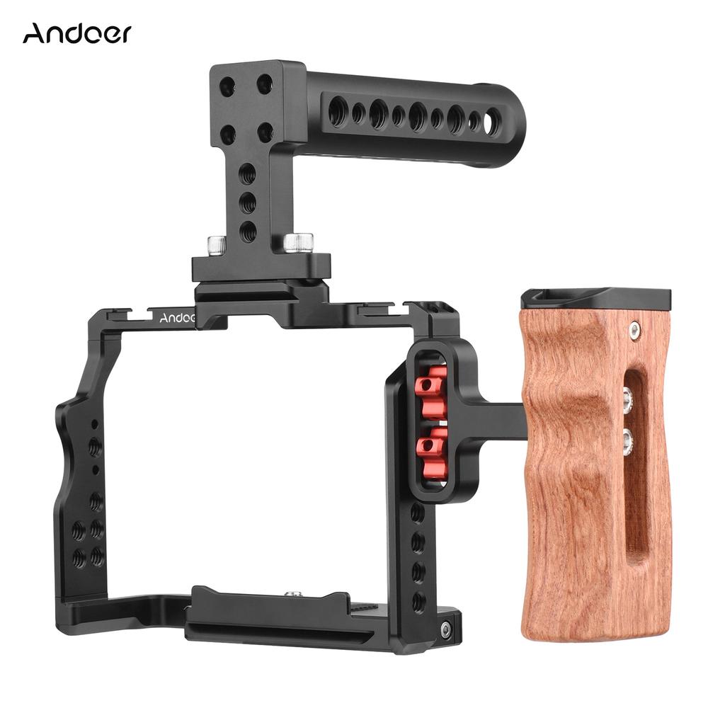 Andoer Camera Video Cage + Top Handle + Side Wooden Grip Kit Aluminum Alloy with Dual Cold Shoe