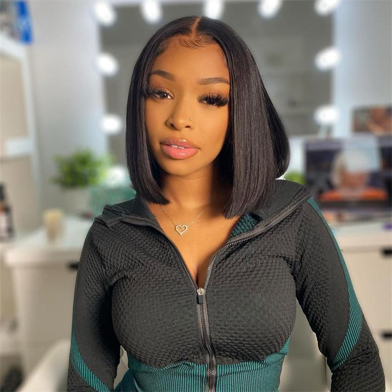 Парик женский черный имитация средняя голова бобо длина плеч короткие волосы полный головной убор