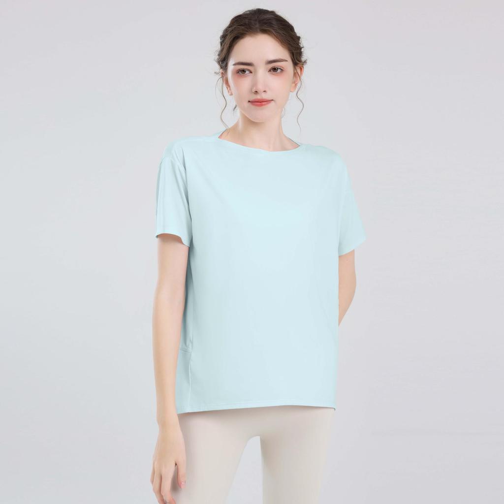 Женский спортивный жилет телесного цвета: Свободные, закрывающие бедра, стройнящие топы для йоги и летние тренировочные футболки с короткими рукавами.