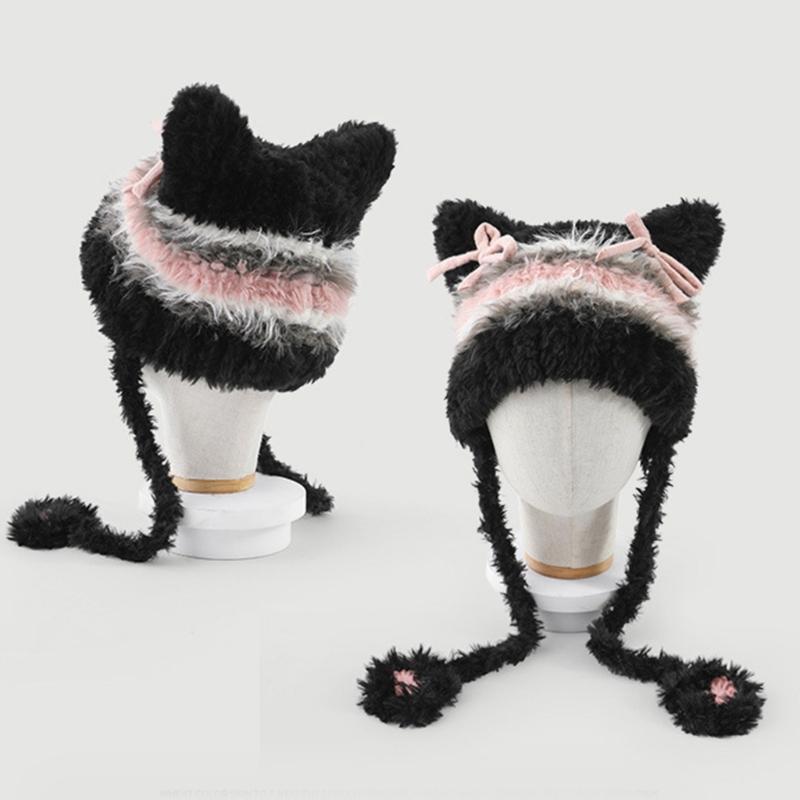 Furry Cartoon Head Cover with Ear for Outdoor Sports Striped Hat with Ear Oversized Headgear Hat for Winter