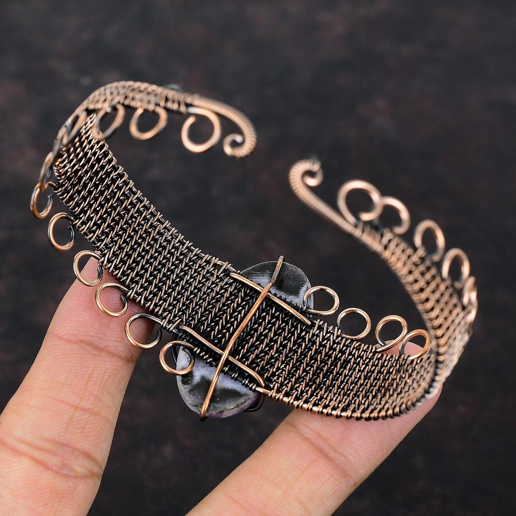 Браслет из лепидолита, обмотанный медной проволокой, регулируемый браслет-манжета, браслет из натурального драгоценного камня, украшение с медной проволочной обмоткой, браслет ручной работы, подарок для него