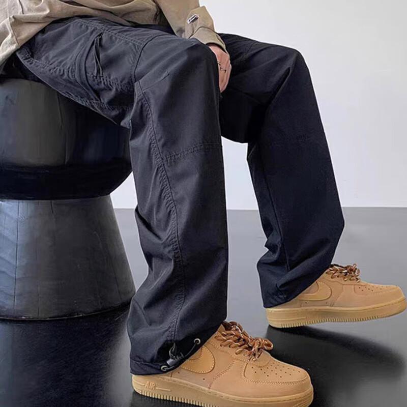 Homlean American Retro Cargo Pants for Men, Spring And Summer Trendy Straight-Leg Wide-Leg Casual Trousers HF01 Black Size M