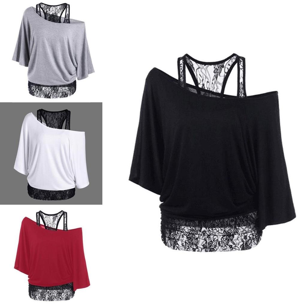 Size Women Plus Loose Vest Lace Stitching Oblique Collar Bat Tshirt Fashion