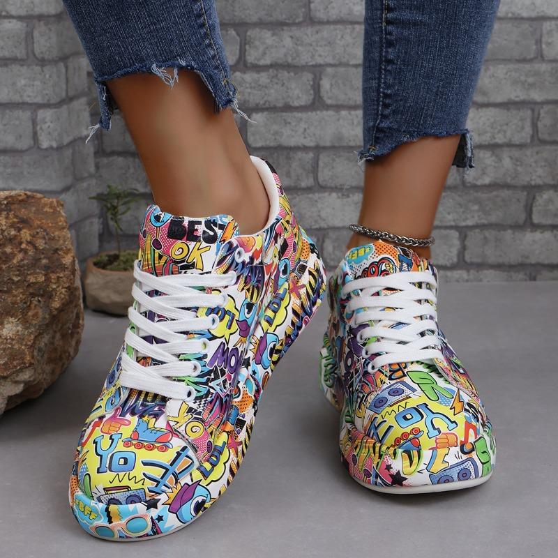 Women's Casual Sneakers  Fashion New Painted Graffiti Lace Up Sports Shoes for Women Flat Pu Leather Ladies Running Shoes