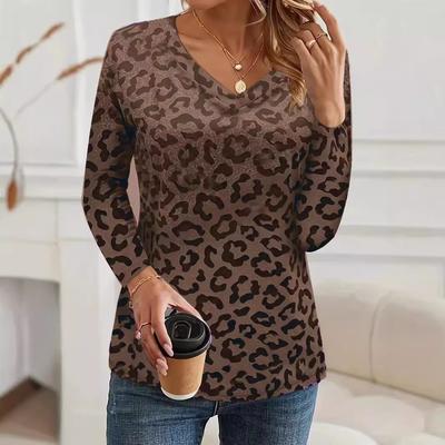 Топ с V-образным вырезом и 3D-принтом леопардового узора, модная повседневная женская футболка с длинным рукавом
