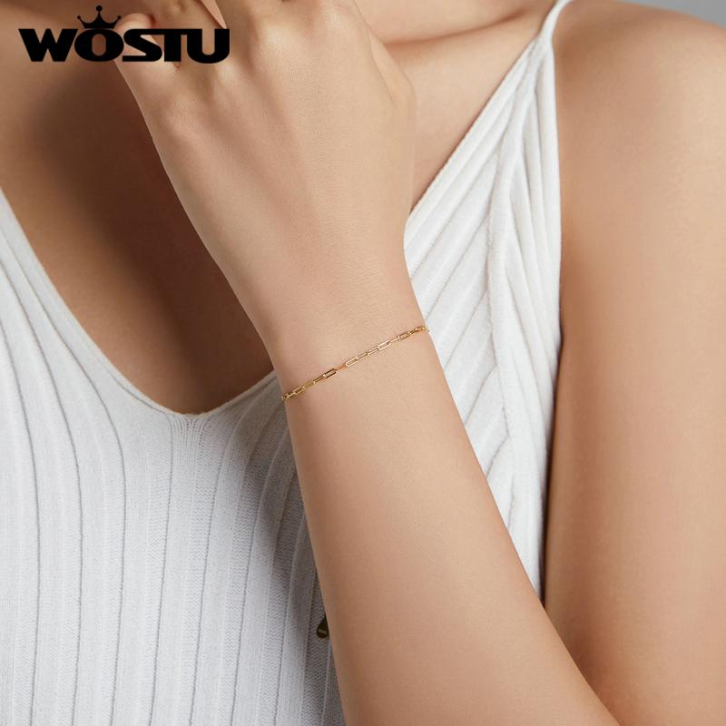 WOSTU Real 925 Sterling Silver Basic Cable Chain Bracelet Hollow Link for Women Fashion Jewelry Gift CQB221