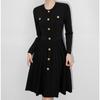 Autumn Winter High Waist Knitted Umbrella A-line Dresses 2025 New Buttons O-neck Long Sleeve Loose Sweater Dress Female