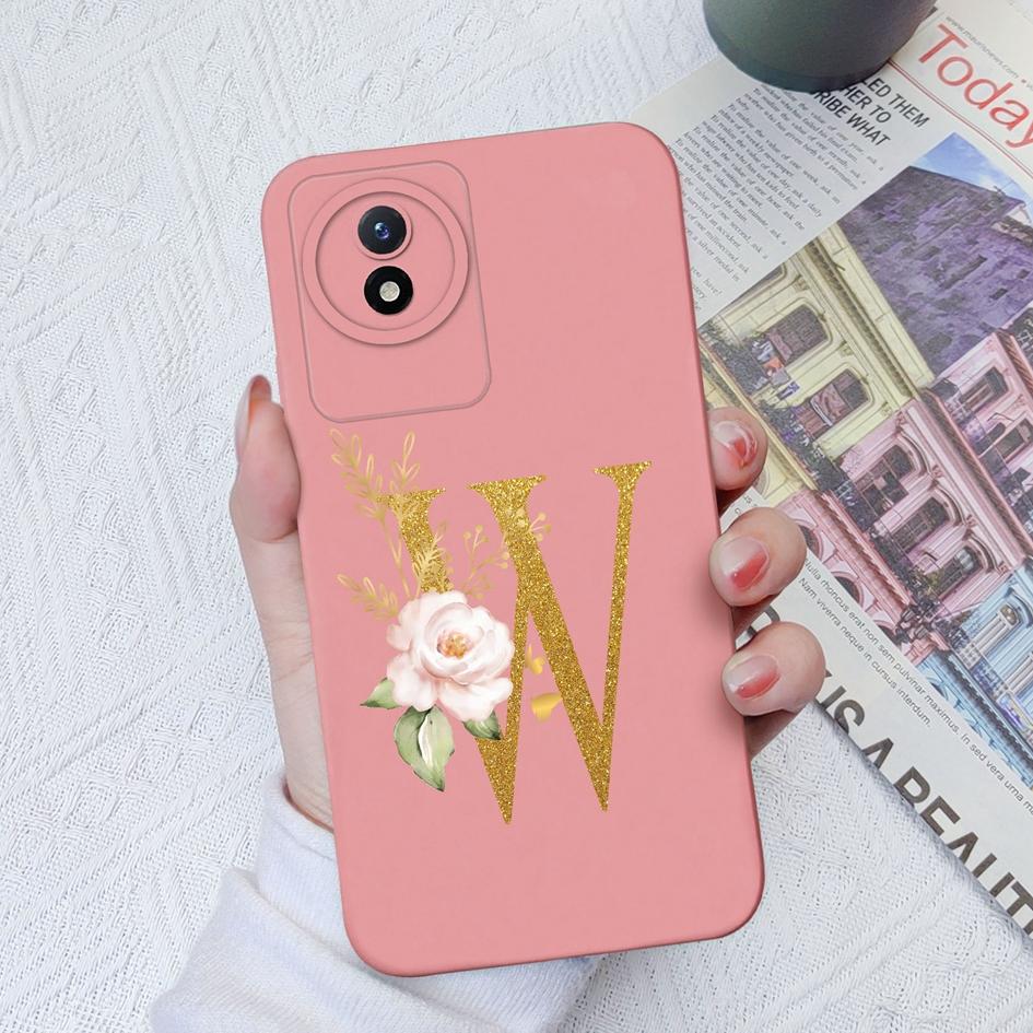 Чехол для телефона Vivo Y02S Y11 Y12 Y15 Y16 Y17 Y19 Y20 Y21 Y30 4G 5G Роскошный защитный жидкий мягкий силиконовый чехол с цветочными буквами для Vivo Bumper Coque