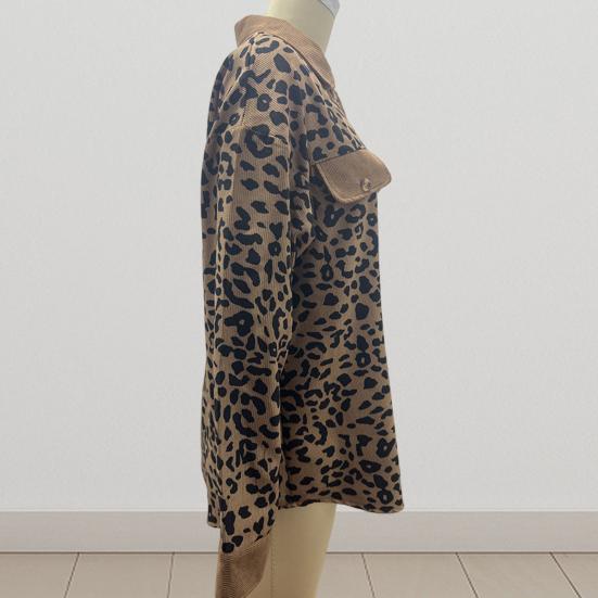 Women Spring Fall Coat Fake Chest Pocket Turn-down Collar Single-breasted Leopard Print Long Sleeves Mid Length Daily Wear Jacket