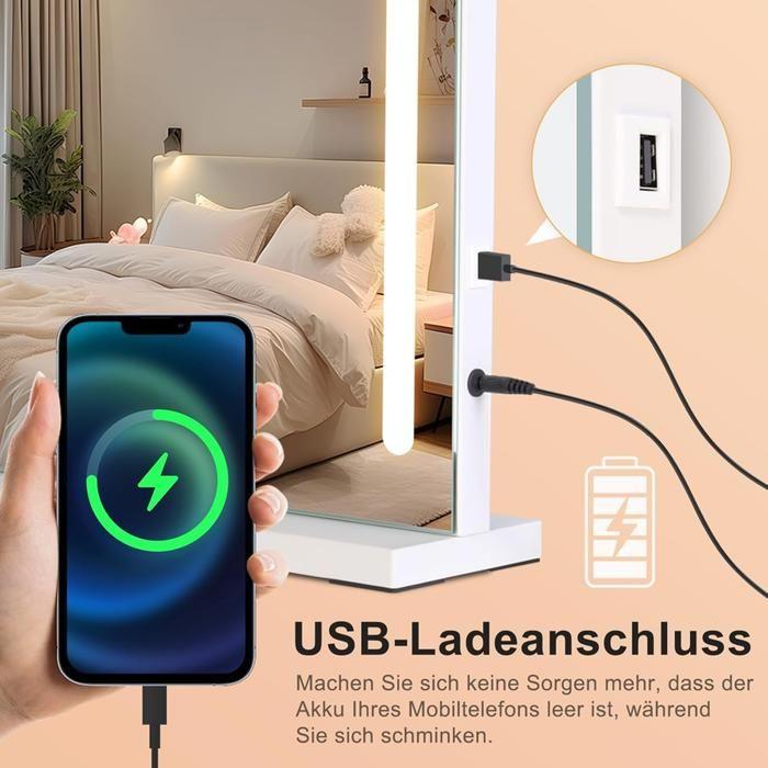 Miroir de coiffeuse - NETTLIFE - 70x55 cm - LED à intensité réglable - Grossissement x5 - Port USB