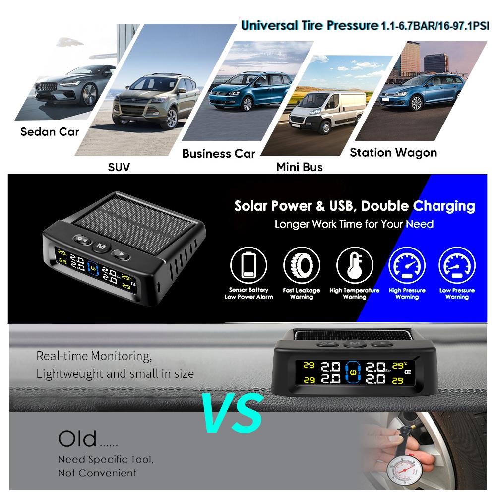 Солнечная энергия TPMS автомобильный монитор давления в шинах интеллектуальная автоматическая охранная сигнализация цифровое предупреждение о давлении в шинах температура