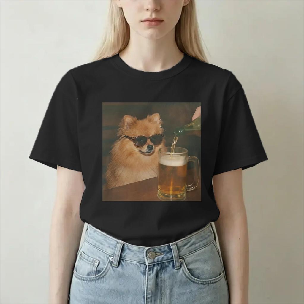 Pomeranian Drinking Beer Sunglasses T Shirt Unisex Unisex 100 Cotton Tshirts Round Collar Tees Short Sleeve Clothing Printed