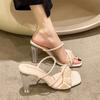 2025 New Summer Transparent Sandals Women's High Heels Thick Heels Crystal High Heels Fairy Style Word with Cool Slippers