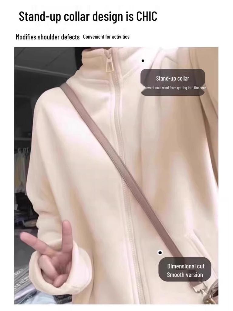 Women's Fleece Jacket with Lamb Wool Lining - Warm Zip Cardigan for Autumn/Winter