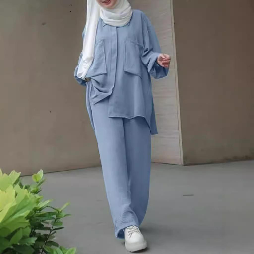 Женский костюм больших размеров с длинными рукавами и брюками-рубашкой на осень