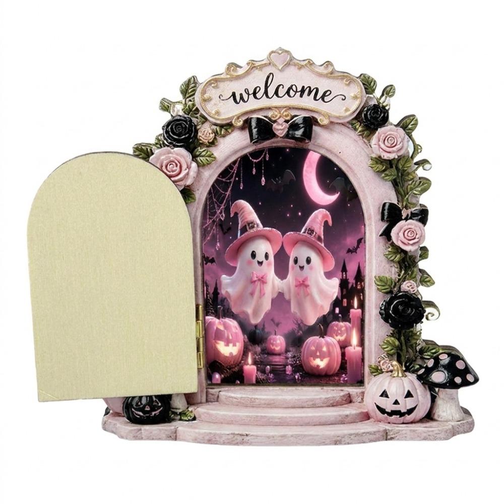 Openable Mini Wooden Ghost Door Figurine Rose Bow Welcome Ghost Door Craft Decor Home Decor