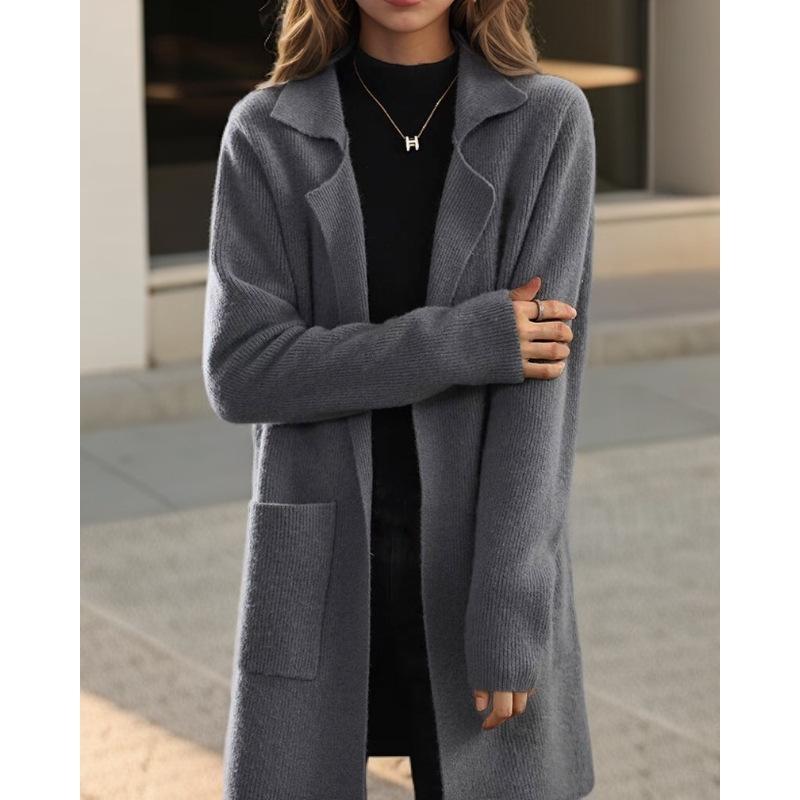 Tooxika Women's Autumn And Winter New Style Lapel Solid Color Long Sleeve Knitted Cardigan Loose Pocket Sweater Jacket Female