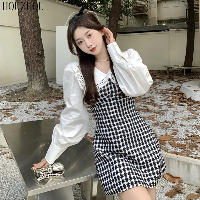 HOUZHOU Платье в клетку с кукольным воротником, женское платье из двух частей, милое элегантное шикарное платье феи в корейском стиле