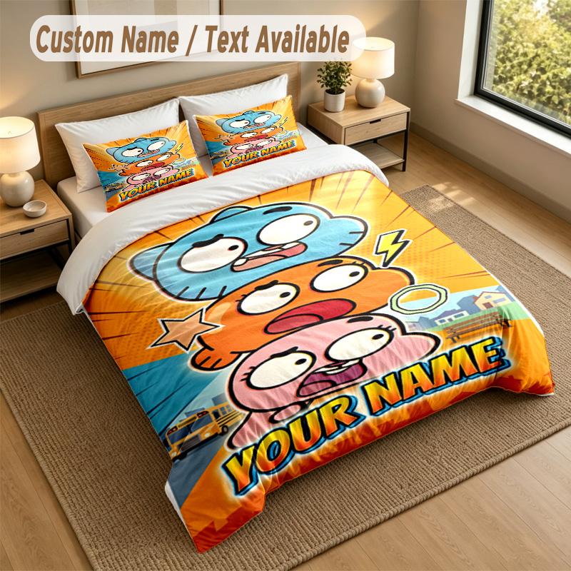 Custom Name Text Bedding 3Pcs Set,Amazing World of Gumball 1 Duvet Cover 2 Pillowcases Soft Bed Linen For Gift