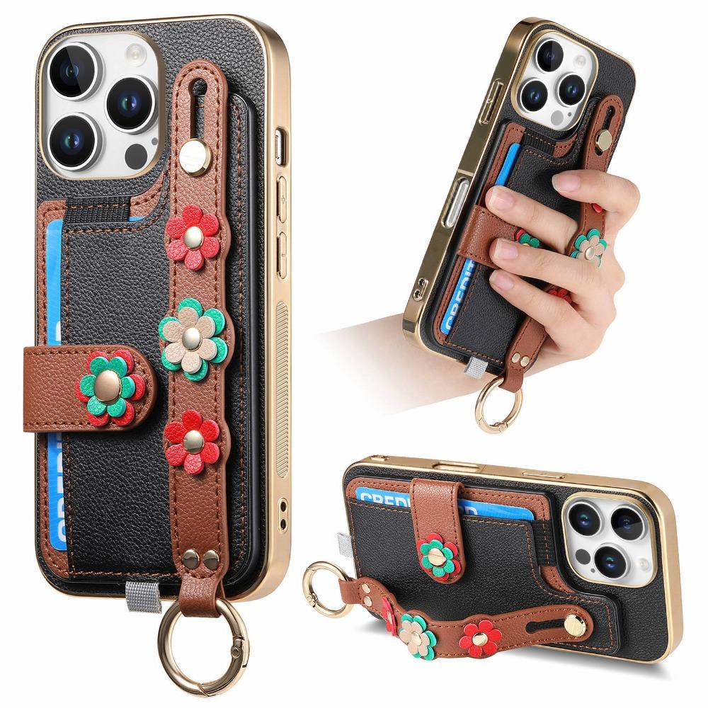 Card Holder Ring Wrist Strap Leather Phone Case for iPhone 16 15 14 13 12 11 Pro Max Plus Protective Shockproof Cover