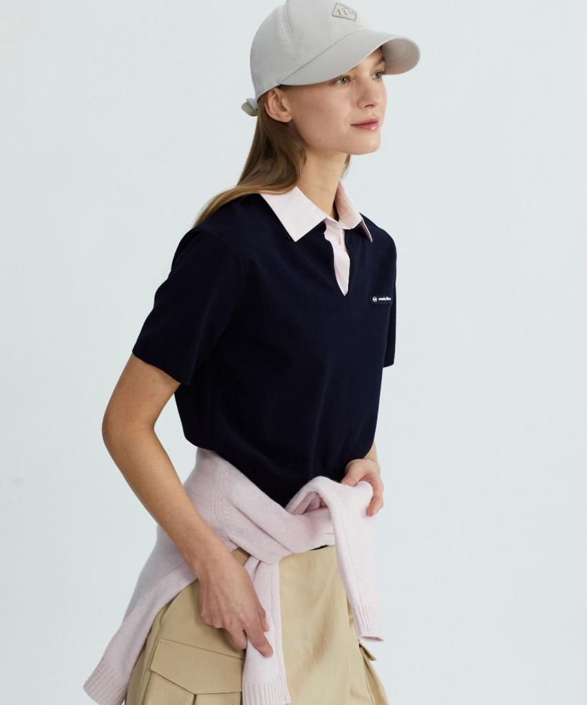 MONDAYFLOW Shirt Layered Knit Top Short Sleeve_Dark Navy