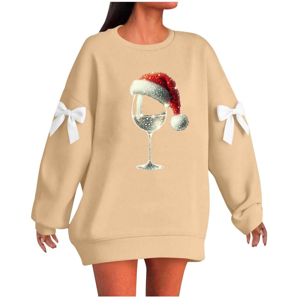 Ladies' Christmas Printed Bow Round Neck Long Sleeved Loose Pullover Sweater Sweatshirt Top