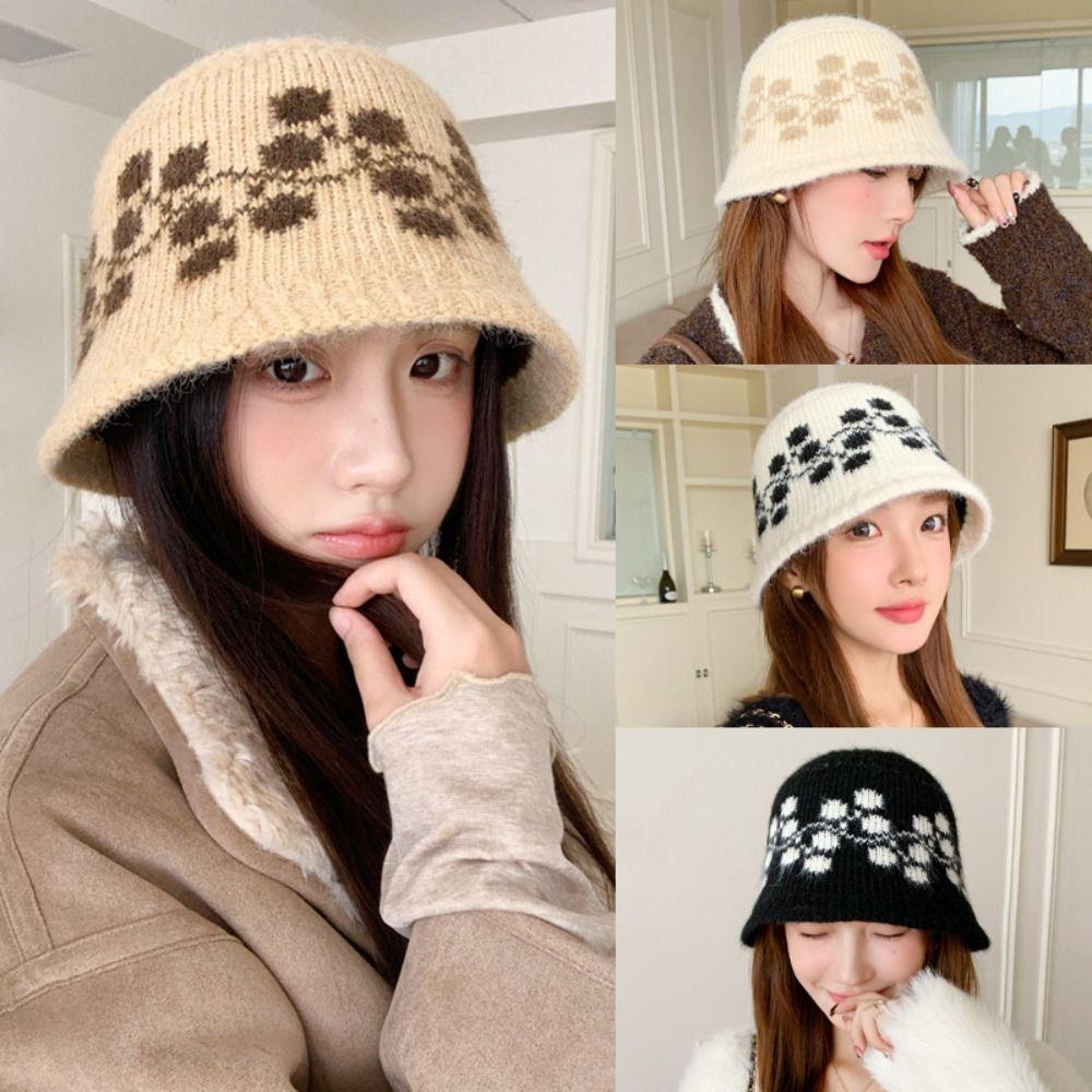 Ethnic Style Floral Knitted Bucket Hat Sweet Warm Fisherman Hat Jacquard Woolen Hat Outdoor