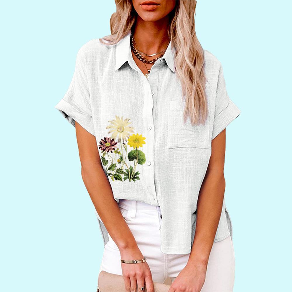 Большие размеры Женская мода цветочный принт блузка повседневная льняная футболка женская свободная рубашка с коротким рукавом на пуговицах