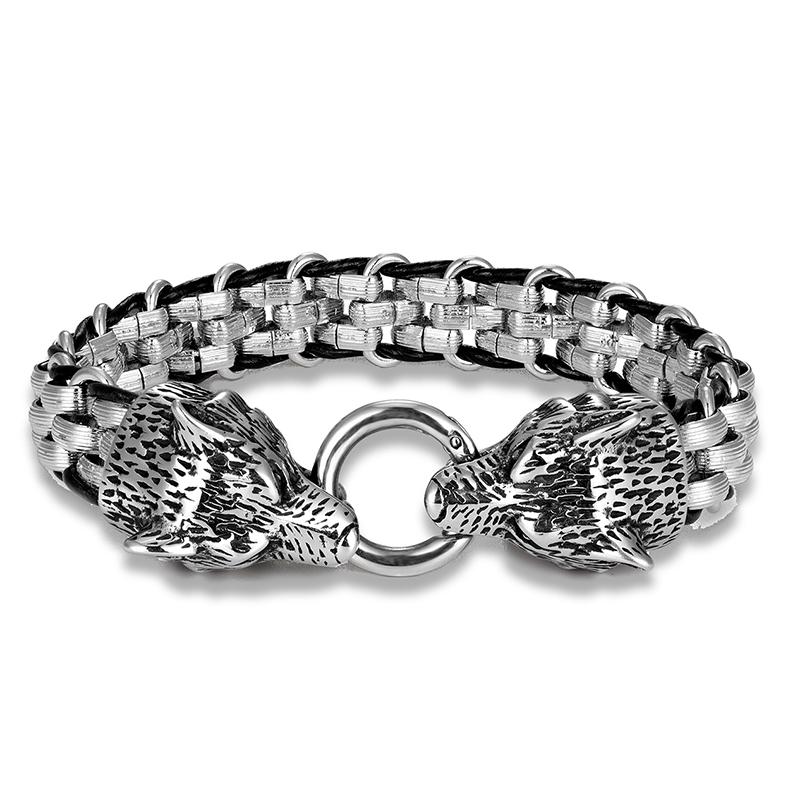 Wolf Head Bracelets Men's Stainless Steel Chain Charm Leather Punk Biker Jewelry Rock Viking Wristband Fashion Accessories Gifts