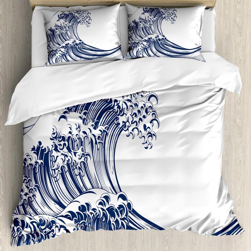 Japanese Wave Duvet Set Three-Piece Set, Japanese Traditional Painting Sea Theme Bedding Set