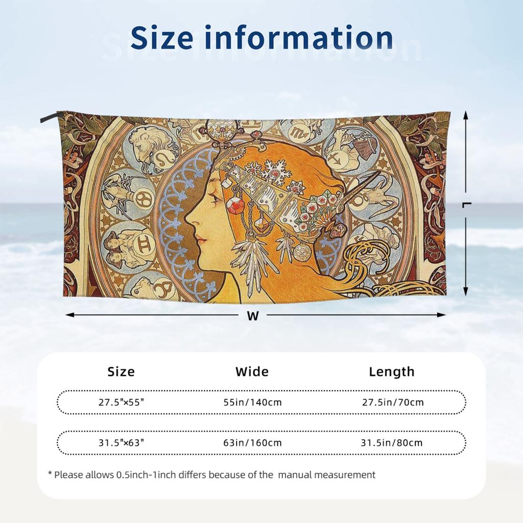 Alphonse Mucha Zodiac Art Nouveau Woman Beach Towel Soft Microfiber Quick Dry Absorbent Quick Towels For Swimming