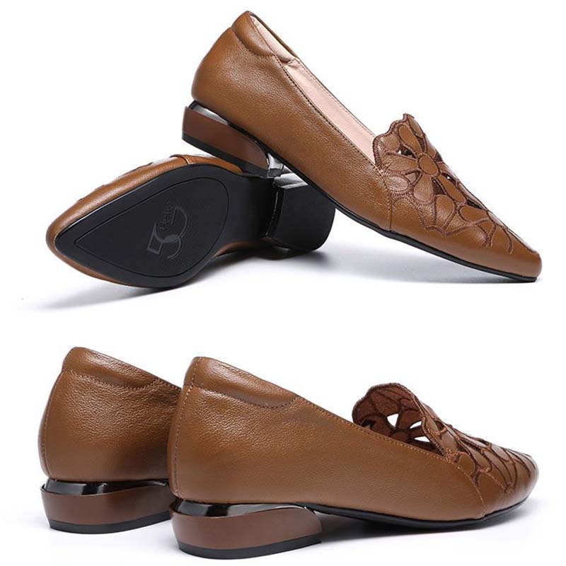 Мягкие кожаные резные полые женские кожаные туфли, мокасины, рабочая обувь, босоножки с мягкой подошвой на толстом каблуке, удобные модные весенне-летние туфли