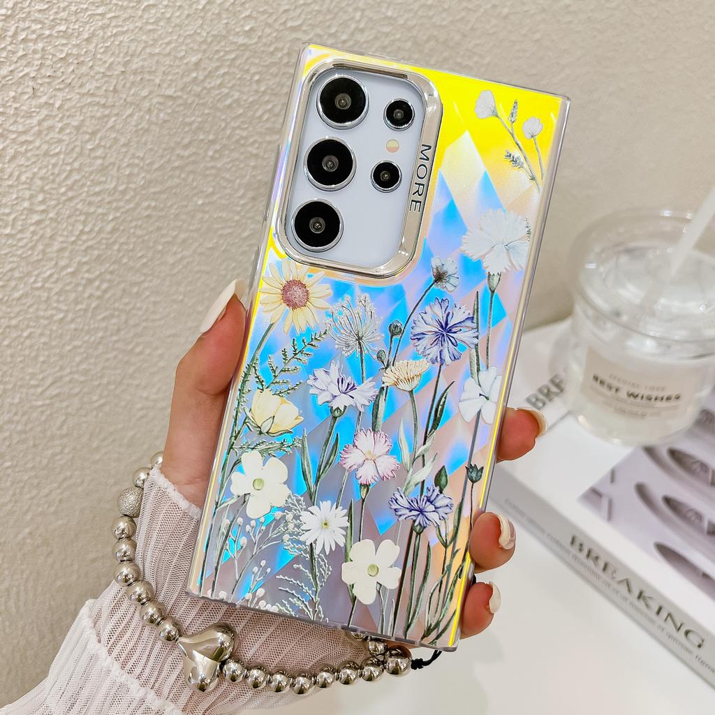 Для Samsung Galaxy S24 Ultra чехол TPU+PC цветочный узор лазерная текстура чехол для телефона с браслетом из бисера