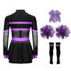 4Pcs Girls Cheer Leader Costume Long Sleeve Diamonds Dance Jumpsuit with Cheerleading Hand Flower Bowknot Hair Ties and Striped Knee High Tube Socks