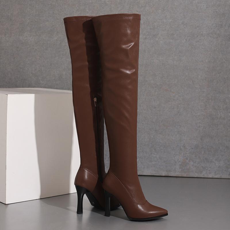 Сапоги женские, мягкие, эластичные, тонкие, выше колена, черные, белые, на высоком каблуке, туфли для вечеринок, женские, большой размер 50