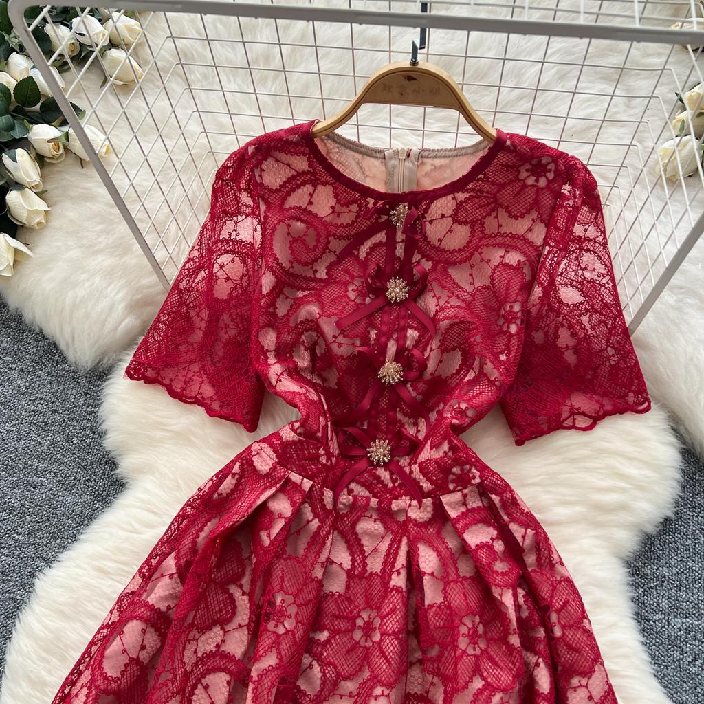 Летние женские элегантные платья с круглым вырезом и коротким рукавом, кружевные вышитые цветочные вечерние платья