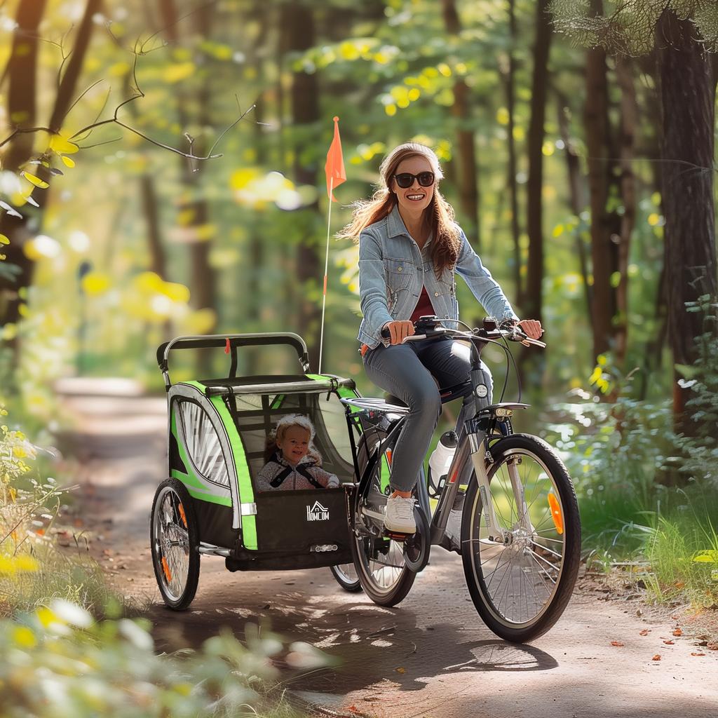 2 In 1 Bicycle Trailer For 2 Children Push Function Rain Cover Brake Green