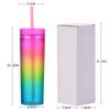 16 унций градиент радуга узкий пластиковый стакан бутылки для воды прямая чашка двухслойная радуга градиент чашка с соломинкой