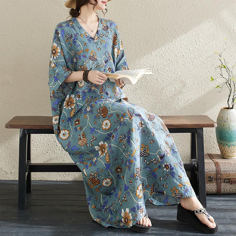 Летнее длинное платье больших размеров для пляжа, для женщин, с V-образным вырезом, с цветочным принтом, для отдыха, из мягкого льна, свободного кроя, для макси-платьев