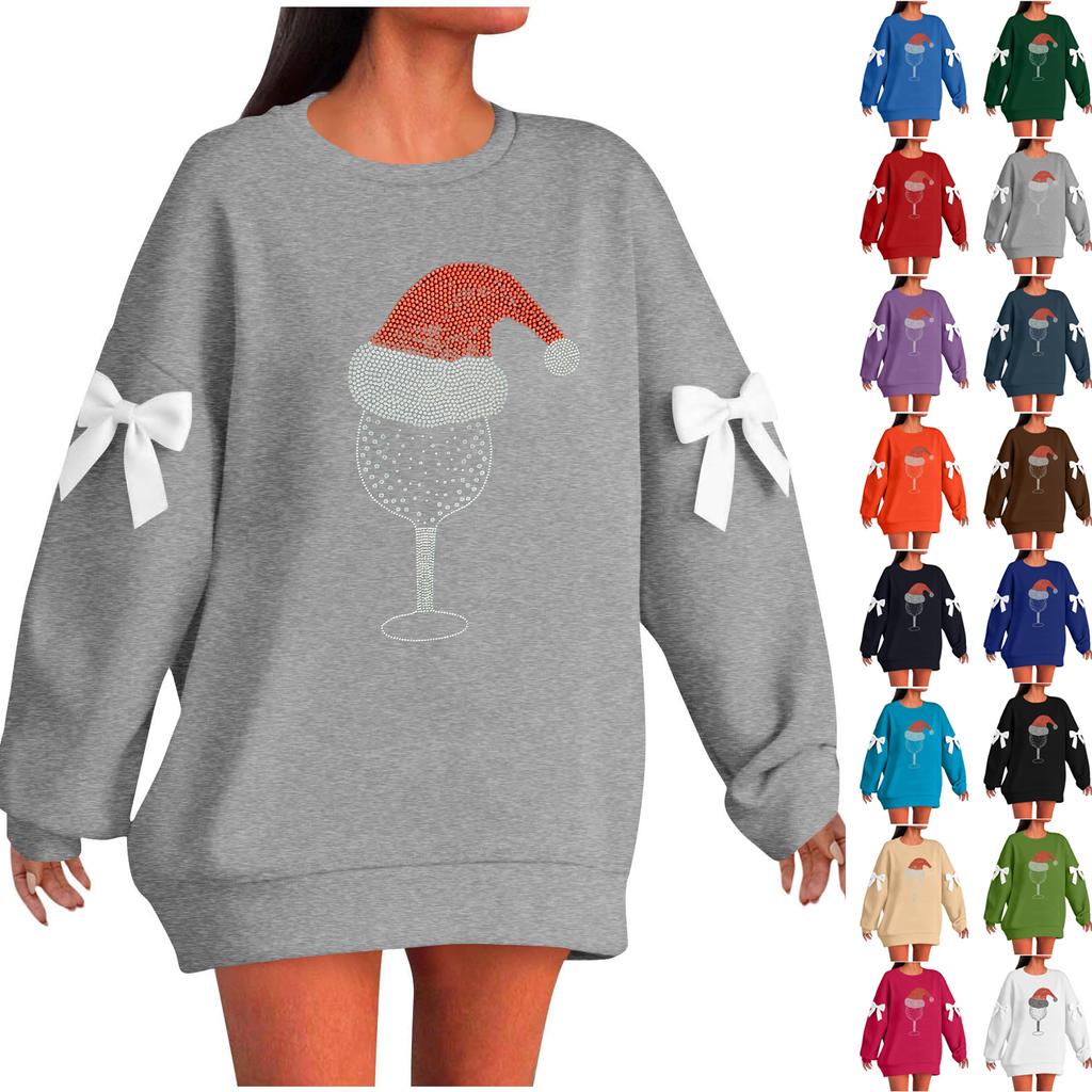 Ladies' Christmas Printed Bow Round Neck Long Sleeved Loose Pullover Sweater Sweatshirt Top