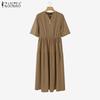 ZANZEA Women Casual V-Neck Half Sleeve Solid Color Loose Long Dress