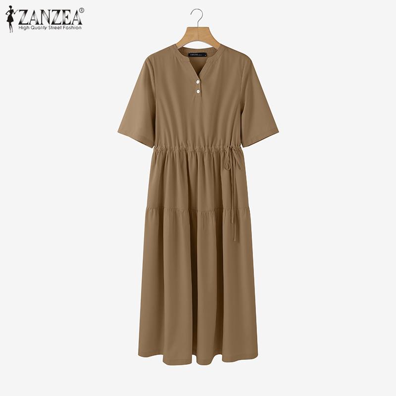 ZANZEA Women Casual V-Neck Half Sleeve Solid Color Loose Long Dress
