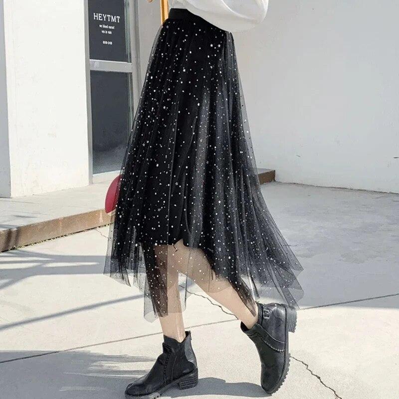 Qooth Женская сетчатая юбка-пачка с блестками и звездами, блестящая эластичная талия, длинная тюлевая юбка трапециевидной формы QT2298