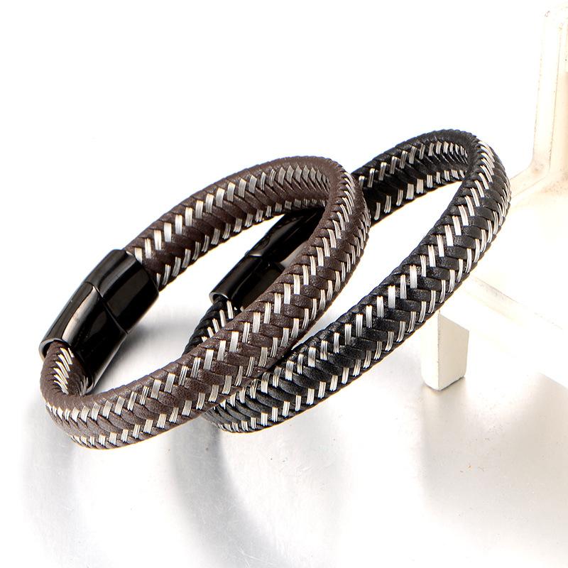 Fashion versatile models, European and American woven leather ropes, simple stainless steel bracelet series