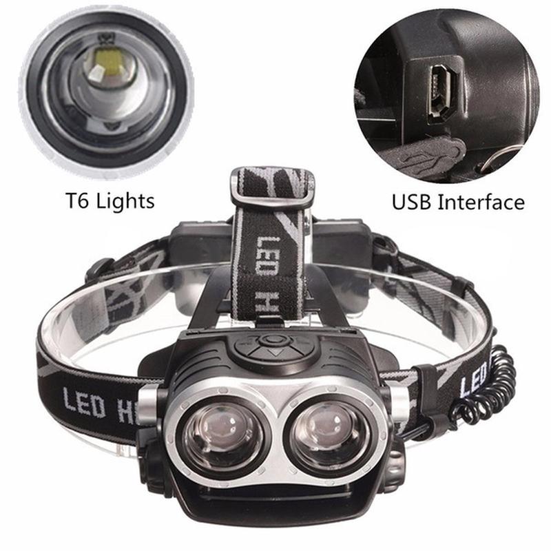 Двухъядерный T6 мощный налобный фонарь с USB-зарядкой 2xT6 мощный телескопический налобный фонарь с зумом