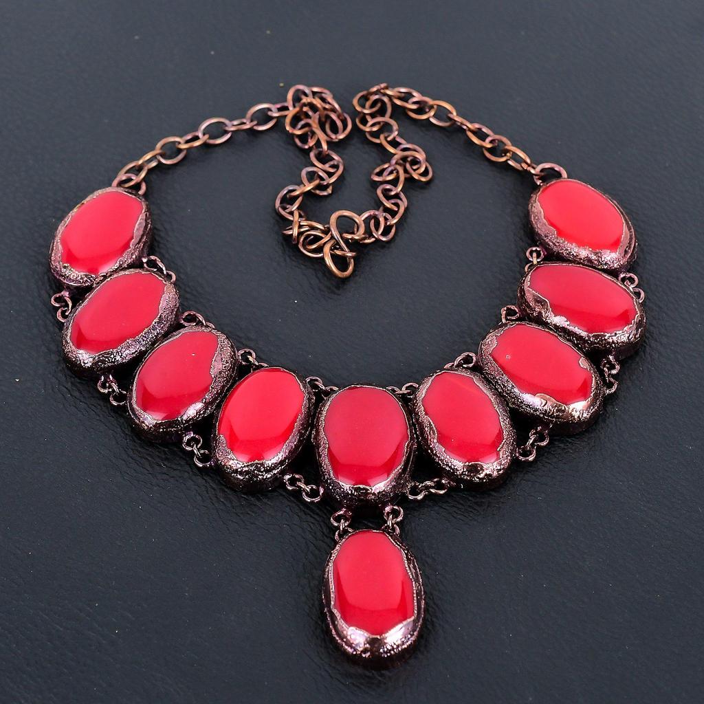 Red Coral Handmade Gemstone Necklace, Copper Electroformed Necklace Unique Design Jewelry, Adjustable Chain Necklace